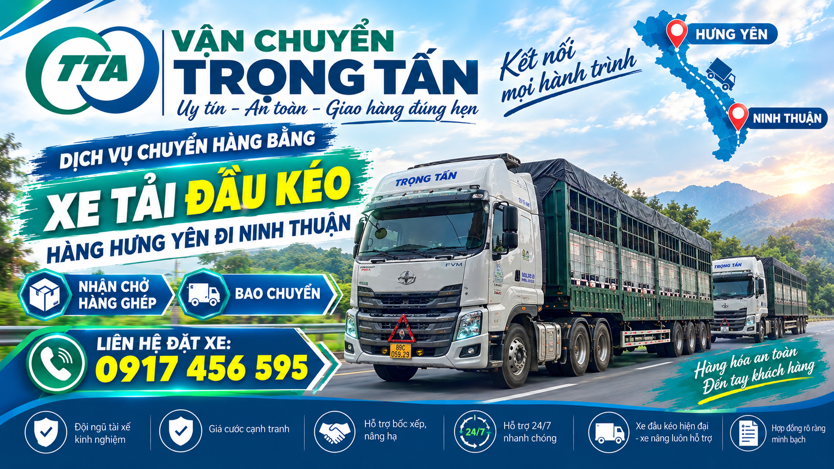 Cho thuê xe đầu kéo vận chuyển container, sắt thép, máy móc, thiết bị và nguyên liệu sản xuất từ Hưng Yên đi Ninh Thuận, nhận hàng tại kho và giao tận nơi theo yêu cầu. cho-thue-xe-dau-keo-cho-hang-hung-yen-di-ninh-thuan