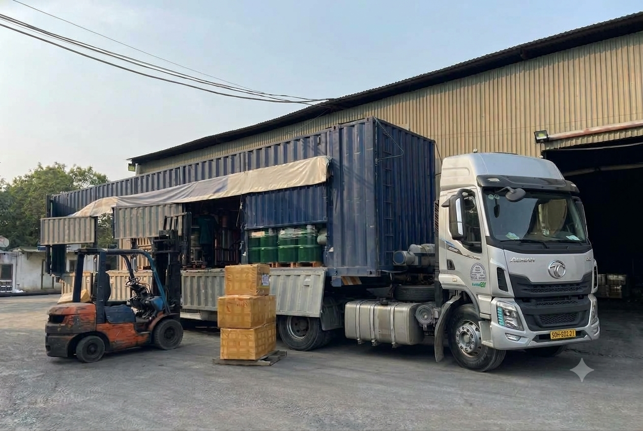 Dịch vụ xe container nhận hàng tại kho, nhà máy và giao tận nơi đến kho phân phối hoặc công trình, thuận tiện cho doanh nghiệp. xe-container-giao-nhan-hang-tan-noi-tu-kho-den-nha-may-va-cong-trinh