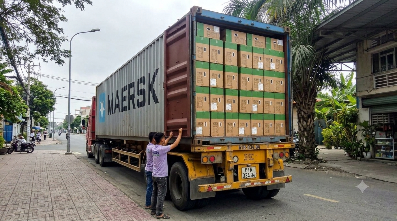 Hình ảnh xe đầu kéo container vận chuyển hàng đóng thùng carton, bao bì và vật tư công nghiệp, được sắp xếp gọn gàng nhằm tối ưu không gian chứa hàng, hạn chế xê dịch và đảm bảo an toàn trong suốt quá trình vận chuyển, giao nhận. van-chuyen-hang-dong-thung-carton-bao-bi-va-vat-tu-cong-nghiep