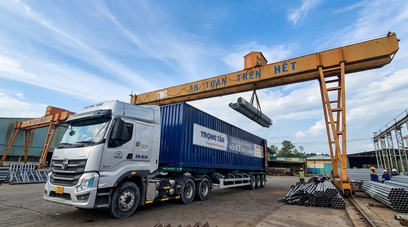 Nhận vận chuyển máy móc nhà xưởng, sắt thép, phụ tùng kim loại, hàng đóng thùng và nguyên liệu sản xuất bằng xe đầu kéo container đến Đắk Lắk. xe-dau-keo-container-cho-may-moc-sat-thep-vat-tu-cong-nghiep-va-nguyen-lieu-san-xuat-di-dak-lak