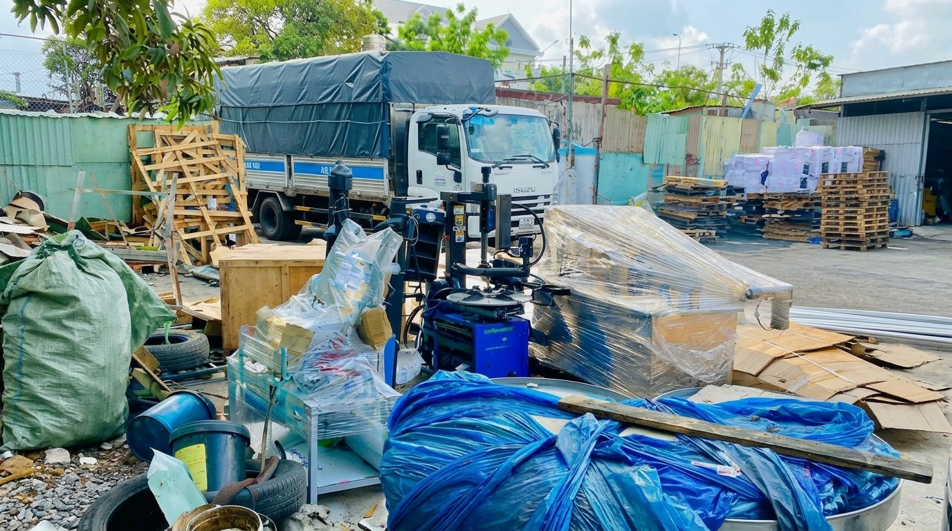 Xe tải 8 tấn vận chuyển hàng hóa từ nhà máy, bao gồm phụ tùng cơ khí, vật tư công nghiệp, hàng đóng kiện và pallet, được sắp xếp hợp lý, chằng buộc chắc chắn và bảo vệ cẩn thận trước khi giao nhận. xe-tai-8-tan-cho-hang-cong-nghiep-thiet-bi-san-xuat
