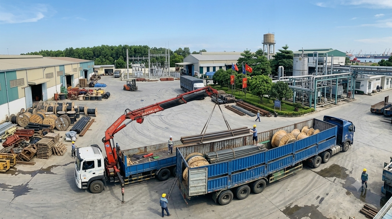 Cuộn cáp điện thuộc nhóm hàng cần được bảo quản và cố định cẩn thận, phù hợp vận chuyển nguyên chuyến bằng container hoặc xe riêng để thuận tiện kiểm soát hàng hóa. van-chuyen-cuon-cap-dien-nguyen-chuyen-bang-xe-dau-keo-container