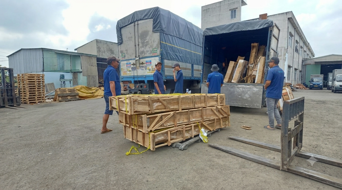 Xe tải 8 tấn nhận vận chuyển linh kiện, phụ tùng, thiết bị sản xuất, vật tư cơ khí, khung sắt, hàng pallet và hàng đóng kiện, đáp ứng nhu cầu giao nhận hàng hóa từ nhà máy và kho hàng. xe-tai-8-tan-van-chuyen-hang-cong-nghiep-vat-tu-co-khi