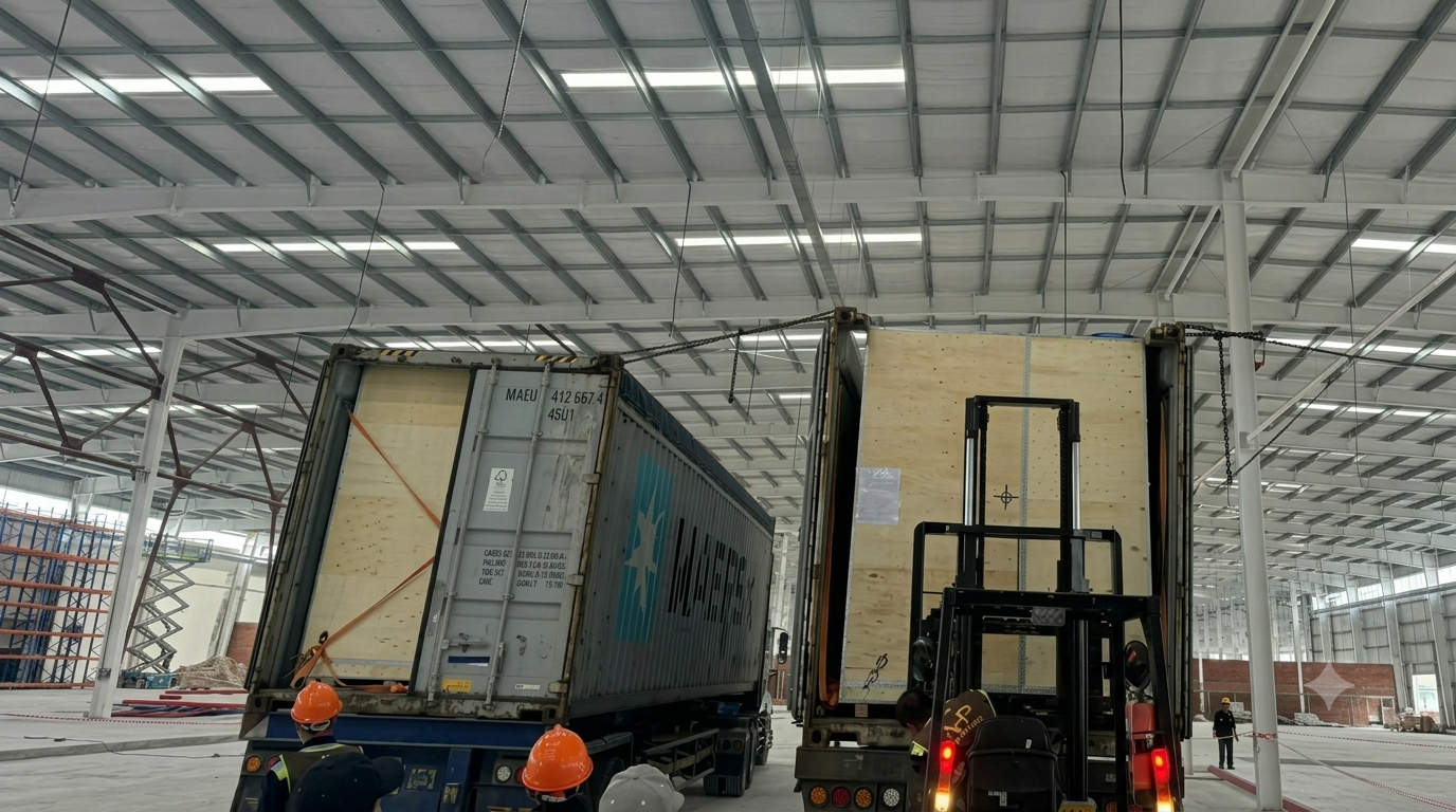 Chuẩn bị thiết bị nâng hạ, bố trí thứ tự xếp hàng và kiểm tra số kiện, bao bì, dây chằng trước khi xe chạy để tiết kiệm thời gian và thuận tiện bàn giao tại Bình Dương. sap-xep-dong-hang-va-kiem-tra-thiet-bi-nang-ha-truoc-khi-xe-dau-keo-van-chuyen