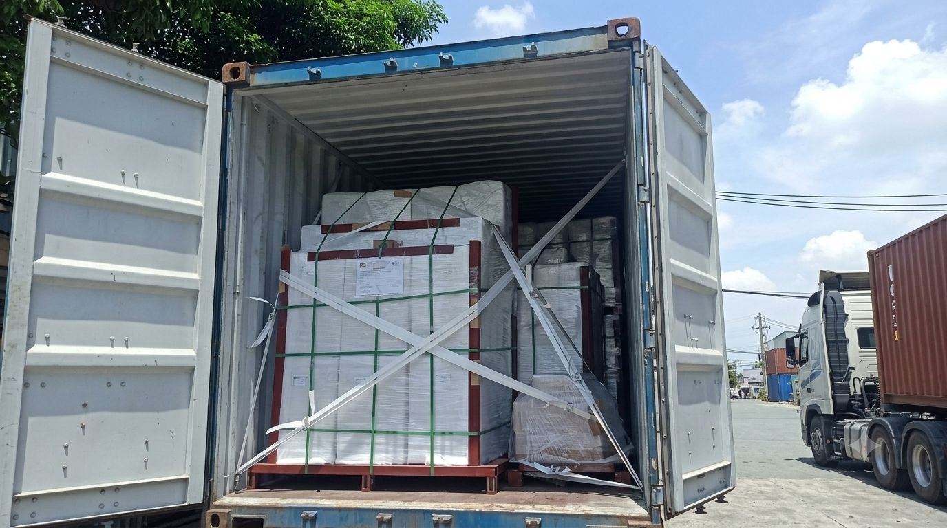 Hàng hóa được phân bổ hợp lý, chèn lót và chằng buộc chắc chắn, kiểm tra kỹ trước khi đóng container để hạn chế hư hỏng khi vận chuyển đường dài. sap-xep-chen-lot-va-chang-buoc-hang-hoa-an-toan-trong-container-truoc-khi-van-chuyen