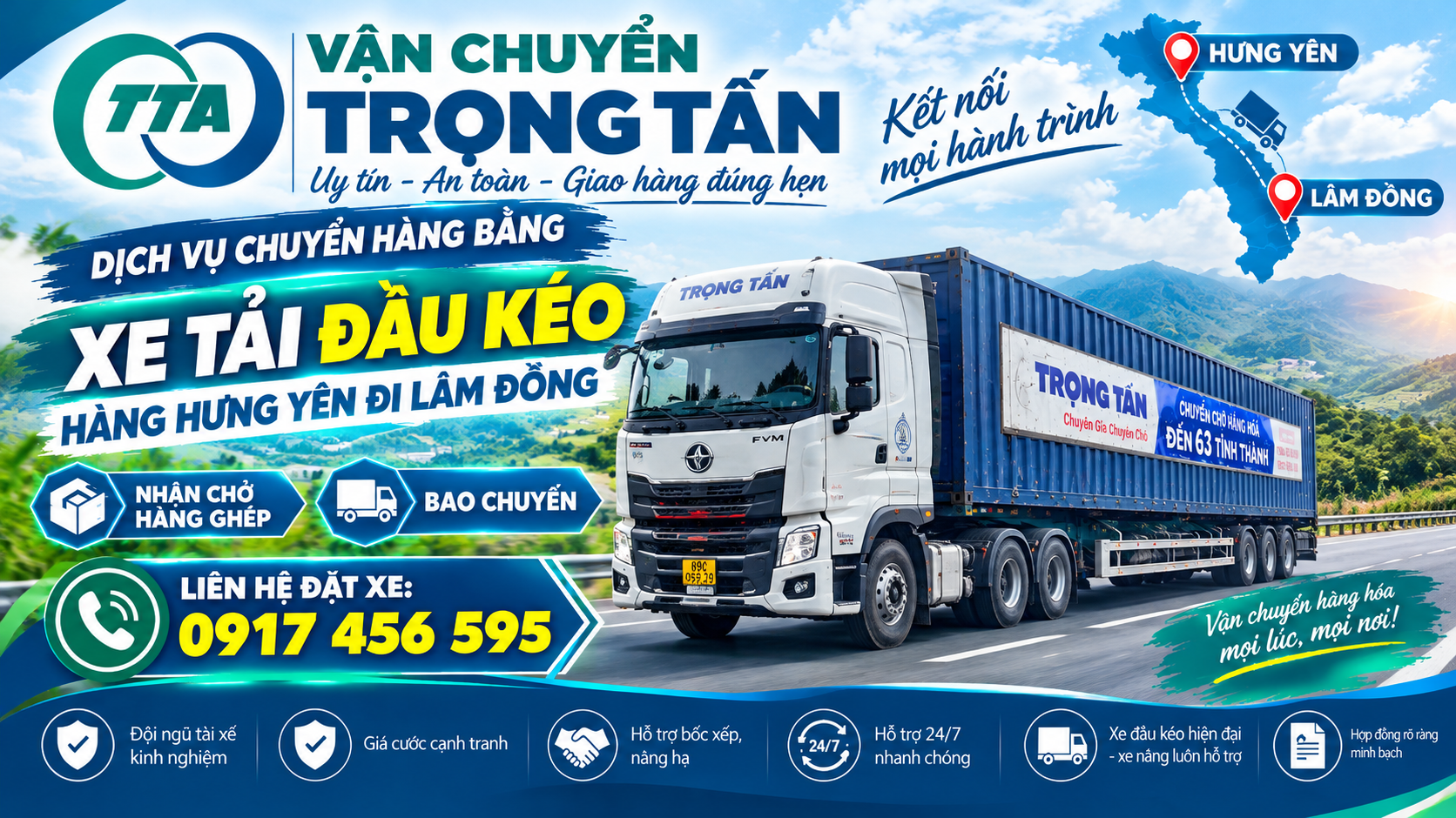 Cho thuê xe đầu kéo container chở máy móc, thiết bị, sắt thép, vật tư và hàng công nghiệp từ Hưng Yên đi Lâm Đồng, giao tận nơi theo yêu cầu. cho-thue-xe-dau-keo-cho-hang-hung-yen-di-lam-dong