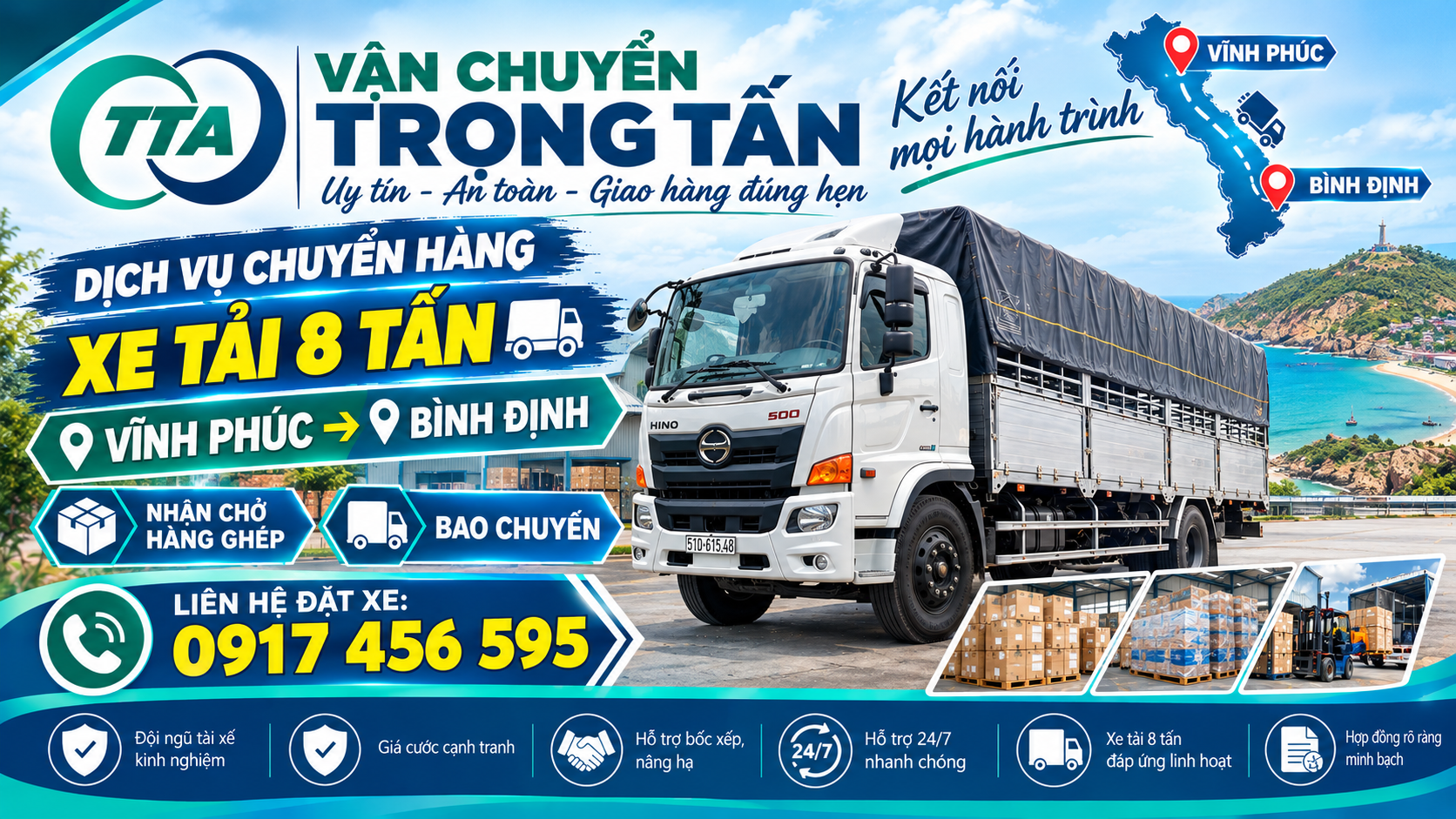 Cho thuê xe tải 8 tấn chở hàng từ Vĩnh Phúc đi Bình Định, nhận hàng tại kho xưởng và giao đến địa chỉ yêu cầu, phù hợp với nhiều loại hàng hóa. cho-thue-xe-tai-8-tan-van-chuyen-hang-tu-vinh-phuc-den-binh-dinh