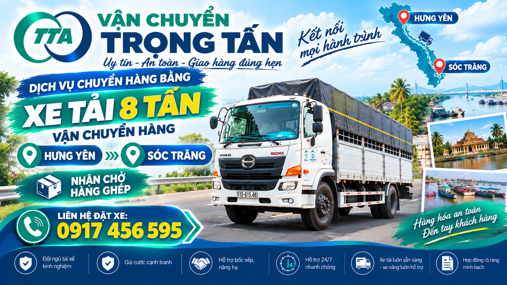 Cho thuê xe tải 8 tấn vận chuyển hàng từ Hưng Yên đi Sóc Trăng, nhận hàng tại kho, nhà máy và giao tận nơi theo yêu cầu. cho-thue-xe-tai-8-tan-cho-hang-hung-yen-di-soc-trang