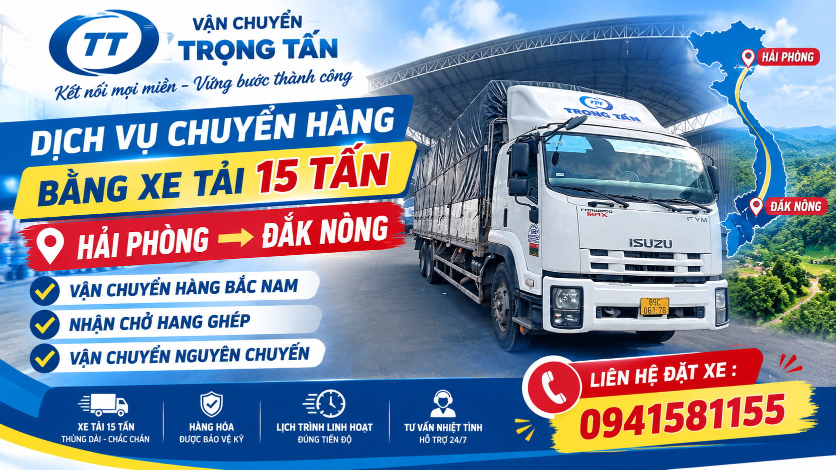 Cho thuê xe 15 tấn chở hàng Hải Phòng đi Đắk Nông, vận chuyển hàng Bắc Nam, nhận nguyên chuyến, phù hợp máy móc, vật tư và hàng hóa số lượng lớn. Cho-thue-xce-15-tan-cho-hang-Hai-Phong-di-Dak-Nong