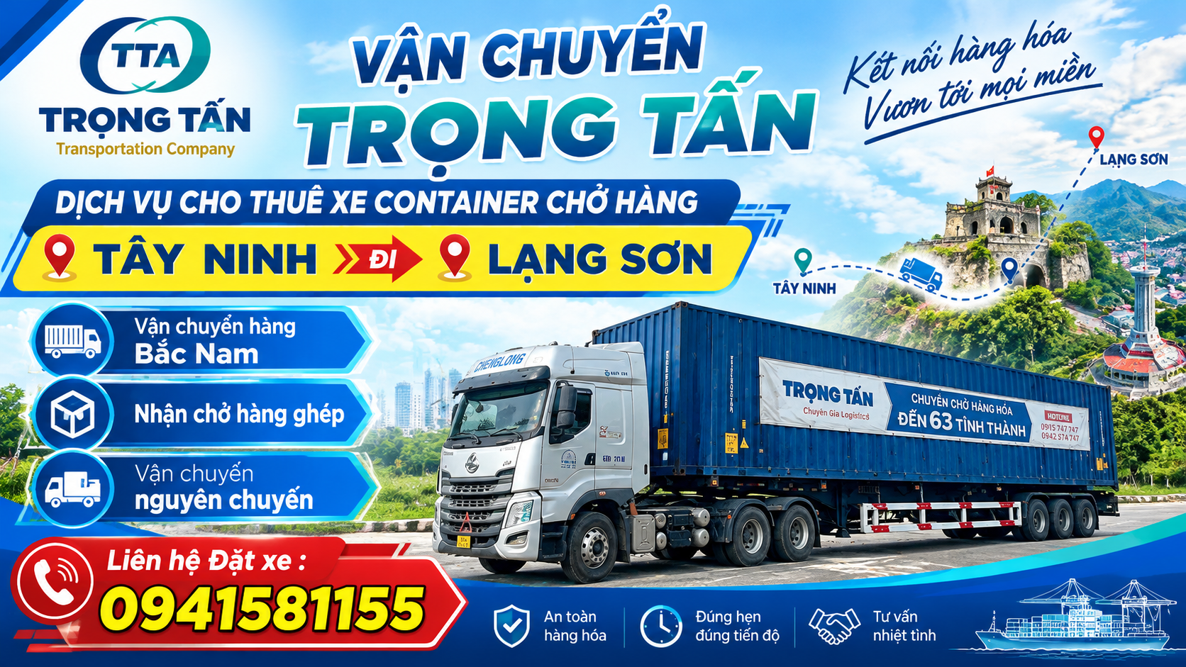 Hình ảnh xe container vận chuyển hàng hóa từ Tây Ninh đi Lạng Sơn, phù hợp chuyên chở hàng công nghiệp, thiết bị nhà xưởng và nguyên vật liệu phục vụ sản xuất, phân phối. Cho-thue-xe-container-cho-hang-Tay-Ninh-di-Lang-Son