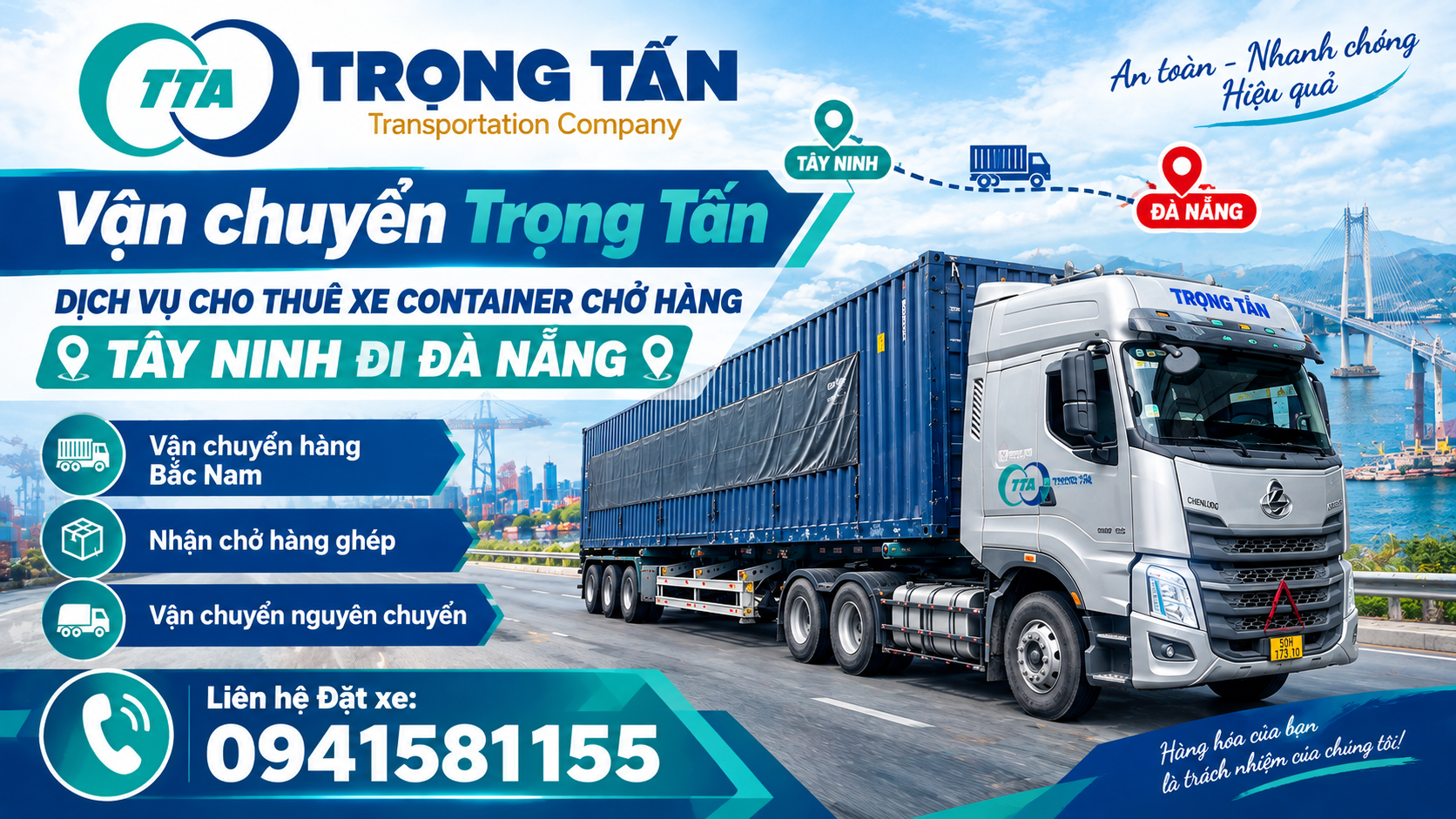 Xe container Trọng Tấn chuyên vận chuyển hàng hóa từ Tây Ninh đi Đà Nẵng, thùng xe rộng rãi, hàng hóa được sắp xếp và chằng buộc chắc chắn, đảm bảo an toàn trong suốt hành trình. Cho-thue-xe-container-cho-hang-Tay-Ninh-di-Da-Nang