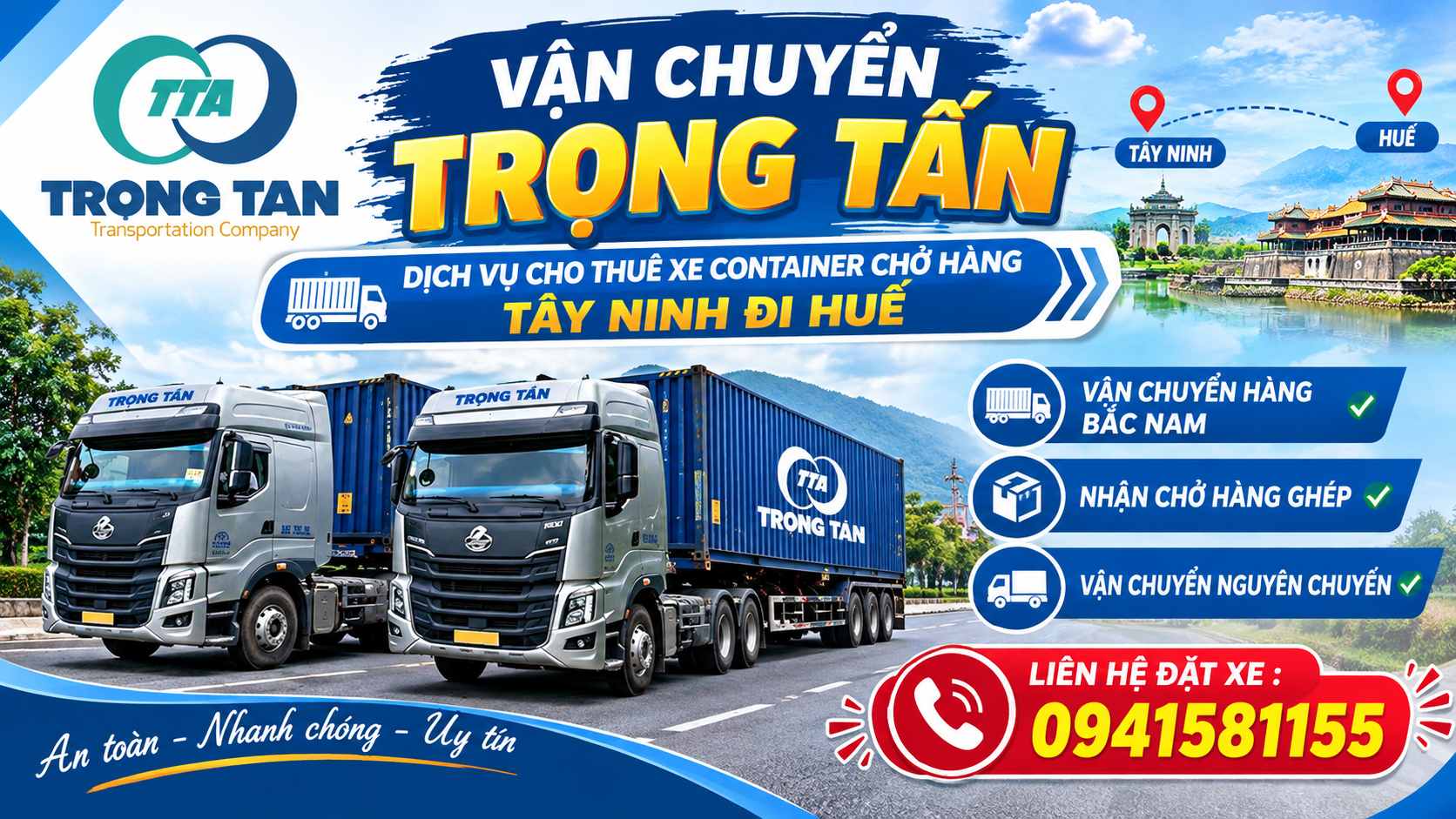 Hình ảnh xe container Trọng Tấn chuyên chở hàng từ Tây Ninh đi Huế, đáp ứng nhu cầu vận chuyển hàng công nghiệp, máy móc, thiết bị với phương án giao nhận linh hoạt. Cho-thue-xe-container-cho-hang-Tay-Ninh-di-Hue