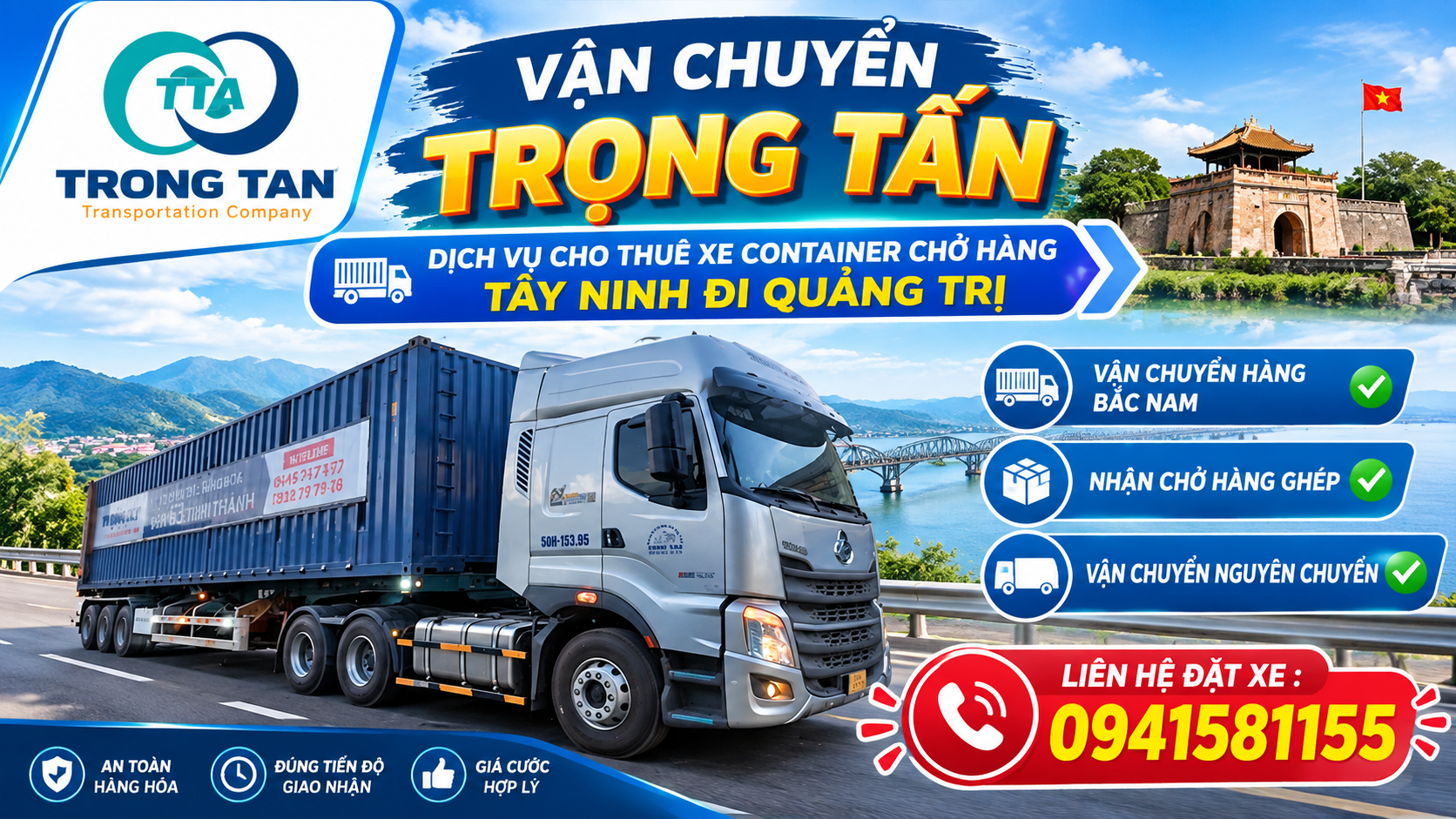 Hình ảnh xe container vận chuyển hàng hóa từ Tây Ninh đi Quảng Trị, chuyên chở máy móc, thiết bị công nghiệp, hàng đóng kiện và vật tư với phương án vận tải phù hợp. Cho-thue-xe-container-cho-hang-Tay-Ninh-di-Quang-Tri