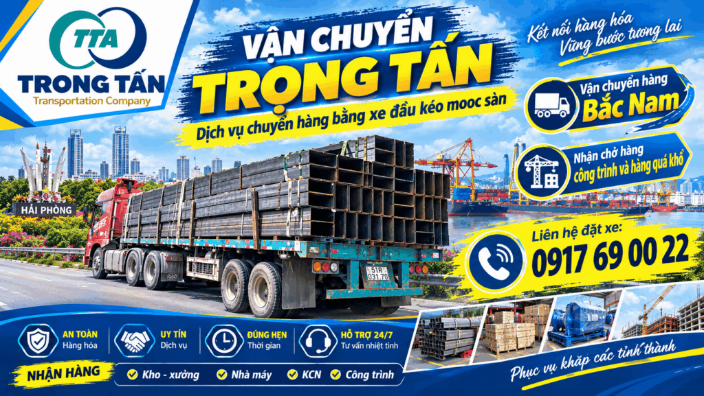 Cho thuê xe đầu kéo mooc sàn Bình Dương đi Hải Phòng, nhận hàng tận kho, chằng buộc chắc chắn và giao hàng đến kho, nhà máy, công trình theo yêu cầu. cho-thue-xe-dau-keo-mooc-san-binh-duong-di-hai-phong-giao-hang-tan-kho