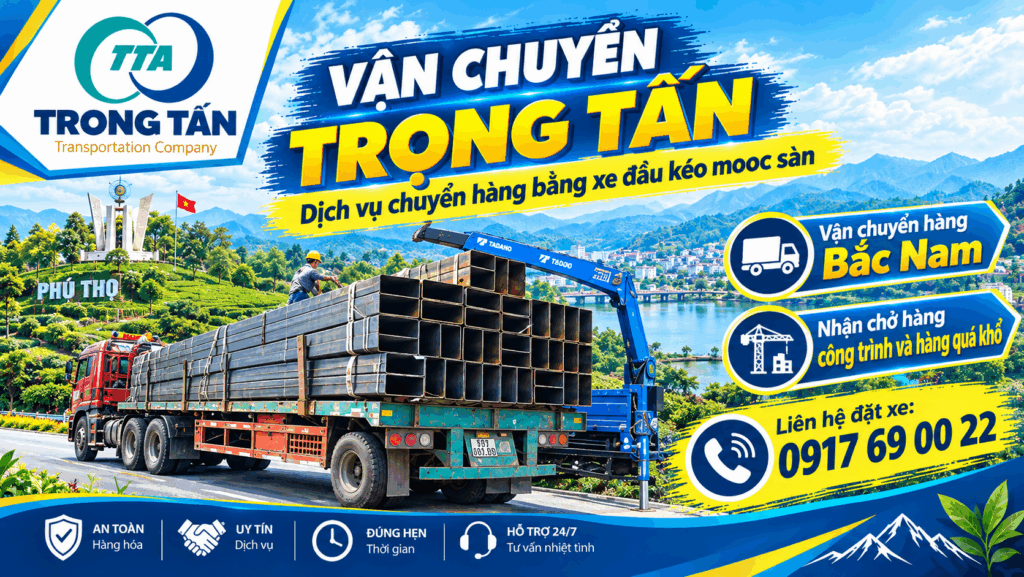 Dịch vụ cho thuê xe đầu kéo mooc sàn Bình Dương đi Phú Thọ, nhận vận chuyển thép hộp, máy móc, thiết bị công nghiệp, vật tư xây dựng và hàng số lượng lớn. cho-thue-xe-dau-keo-mooc-san-binh-duong-di-phu-tho
