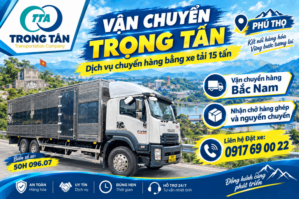 Cho thuê xe tải 15 tấn Bình Dương đi Phú Thọ, nhận chở hàng ghép và nguyên chuyến, hỗ trợ nhận hàng tận kho và giao hàng tận nơi. cho-thue-xe-tai-15-tan-binh-duong-di-phu-tho