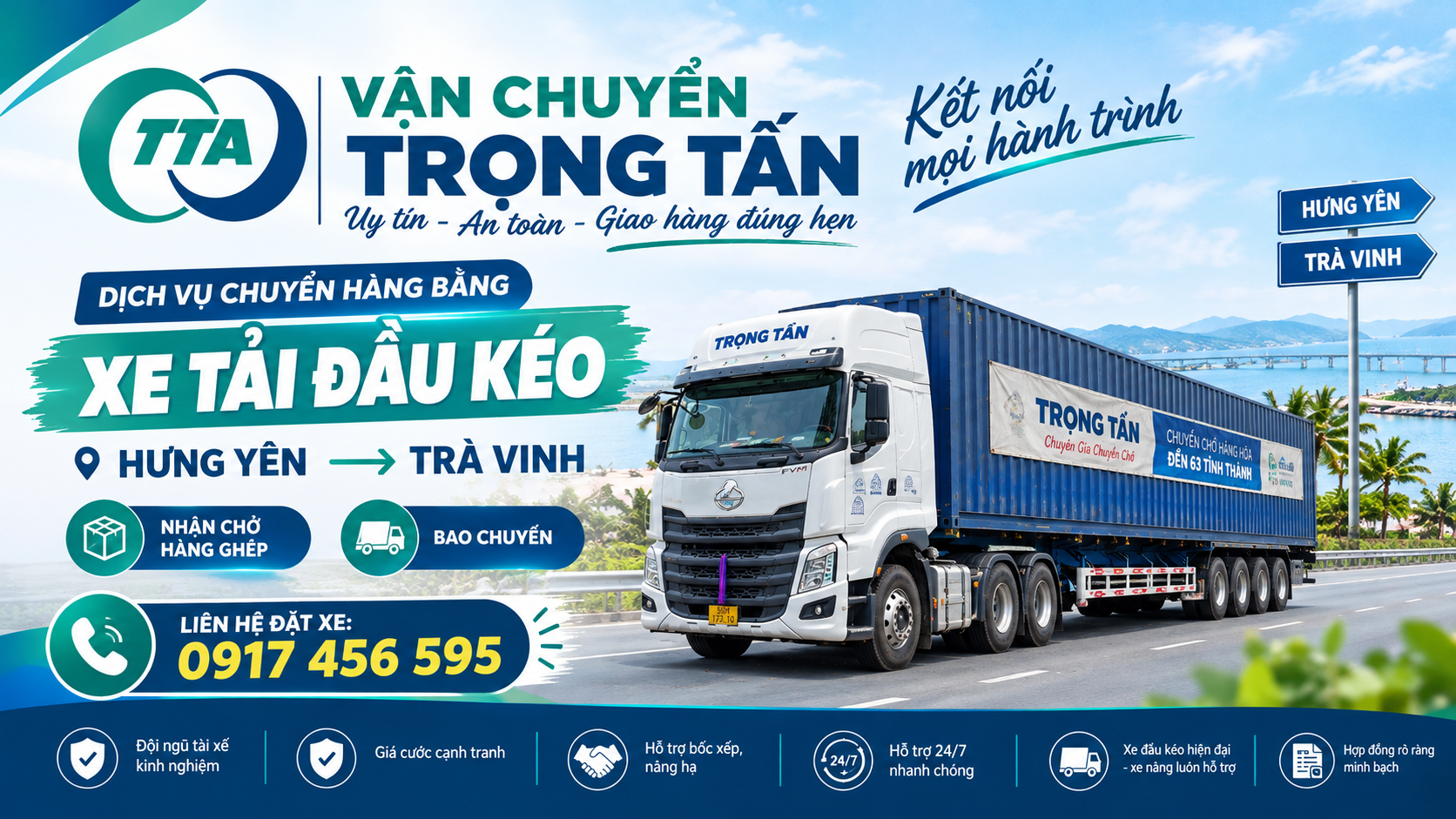 Nhận vận chuyển hàng công nghiệp, máy móc, thiết bị, cuộn cáp điện, vật tư sản xuất và hàng đóng kiện từ Hưng Yên đi Trà Vinh bằng xe đầu kéo container. cho-thue-xe-dau-keo-container-van-chuyen-hang-hoa-tu-hung-yen-di-tra-vinh