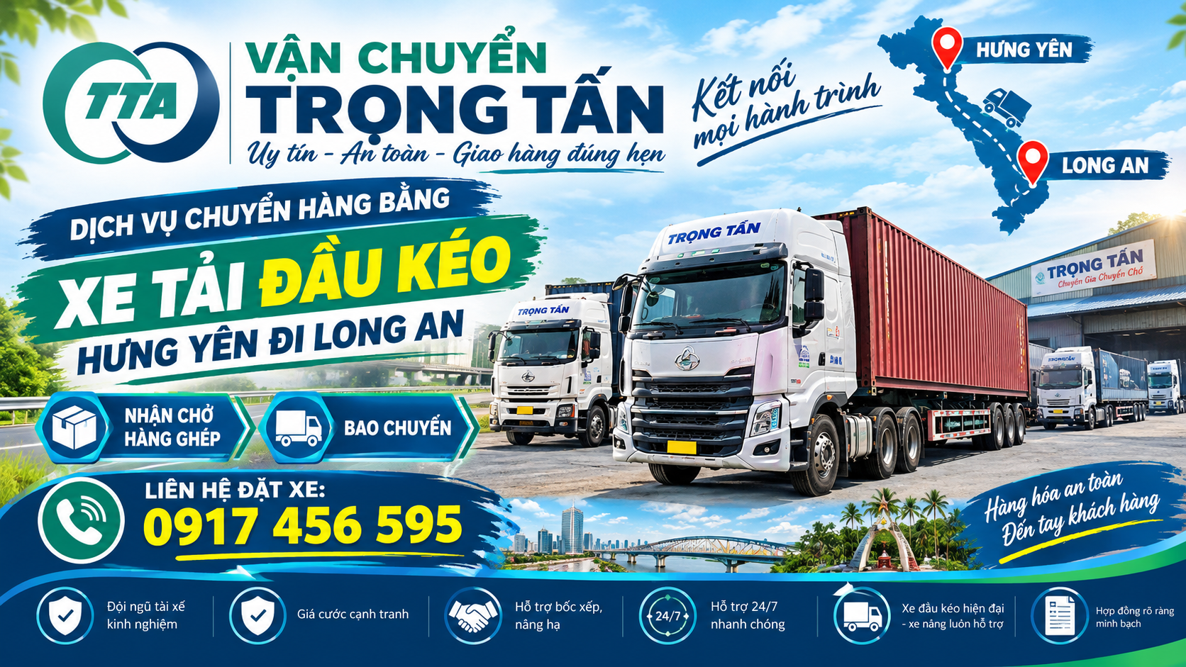 Nhận vận chuyển máy móc, thiết bị, linh kiện, vật tư sản xuất và nhiều loại hàng công nghiệp từ Hưng Yên đi Long An bằng xe đầu kéo container. cho-thue-xe-dau-keo-container-van-chuyen-hang-hoa-tu-hung-yen-di-long-an