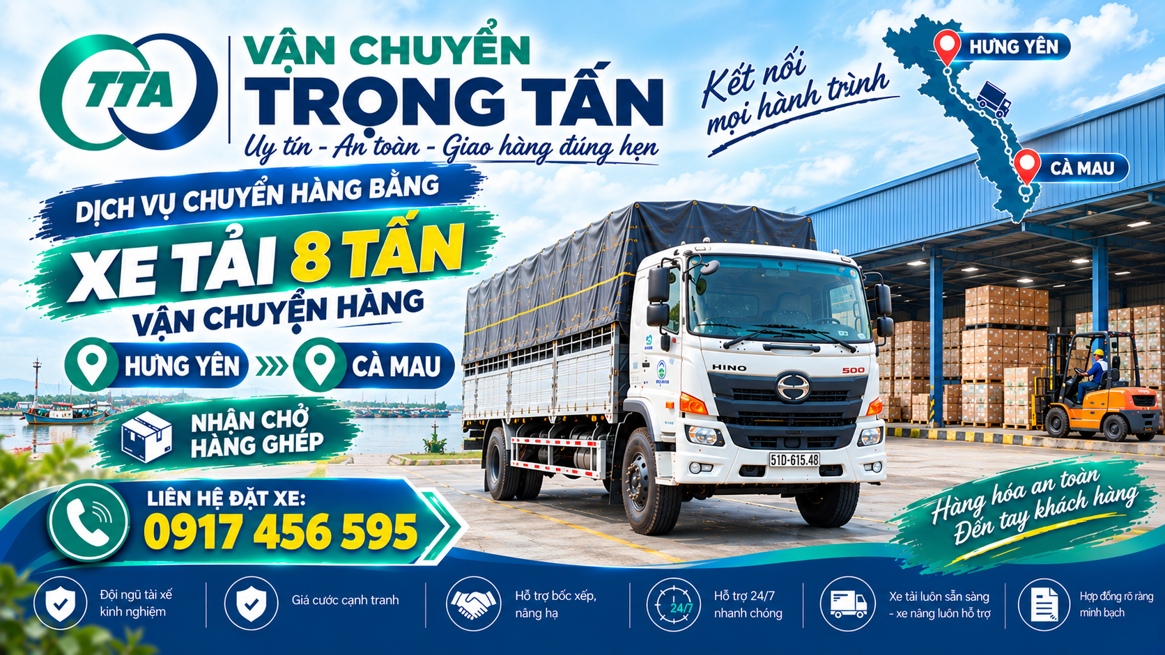 Cho thuê xe tải 8 tấn vận chuyển hàng từ Hưng Yên đi Cà Mau, nhận hàng tại kho, nhà máy và giao tận nơi theo yêu cầu. cho-thue-xe-tai-8-tan-cho-hang-hung-yen-di-ca-mau