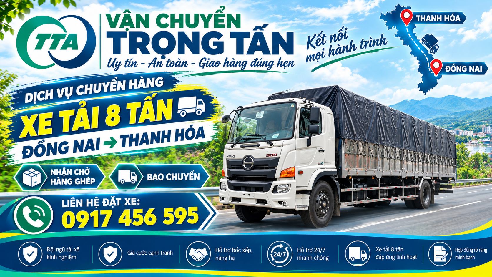 Dịch vụ cho thuê xe tải 9 tấn chở hàng từ Đồng Nai đi Thanh Hóa, nhận vận chuyển đa dạng hàng hóa, vật tư công nghiệp, máy móc và hàng đóng kiện, đáp ứng nhu cầu giao nhận đường dài của doanh nghiệp. cho-thue-xe-tai-8-tan-cho-hang-tu-dong-nai-di-thanh-hoa
