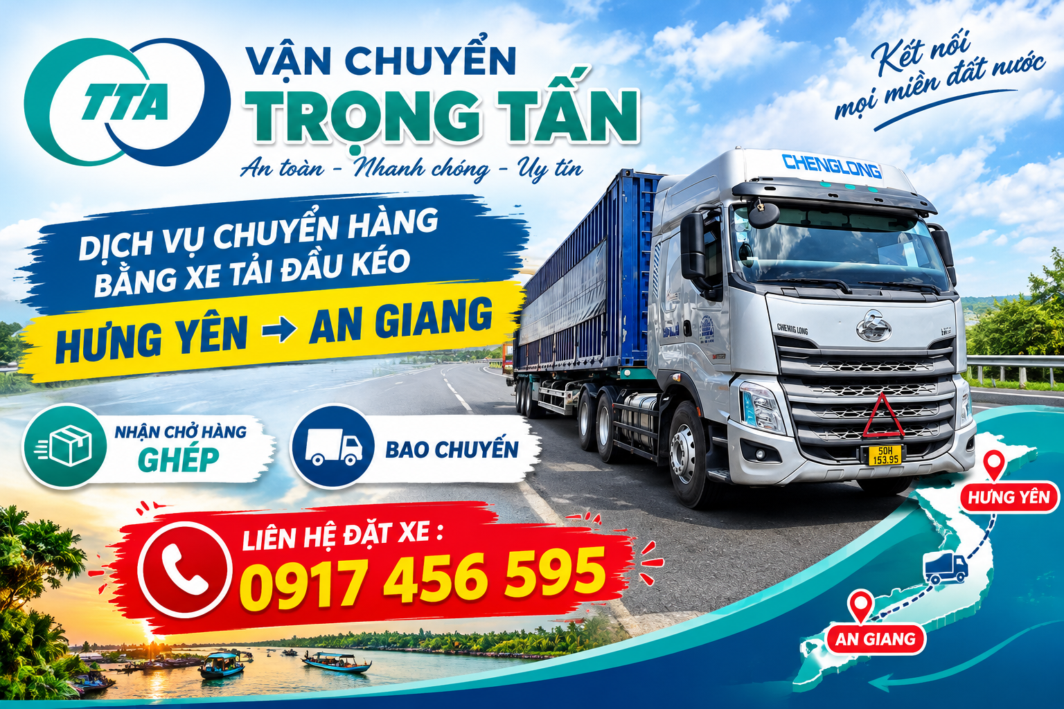 Dịch vụ cho thuê xe đầu kéo container vận chuyển máy móc, thiết bị, hàng công nghiệp, vật tư sản xuất và hàng đóng kiện từ Hưng Yên đi An Giang, giao nhận theo yêu cầu. cho-thue-xe-dau-keo-container-cho-hang-tu-hung-yen-di-an-giang